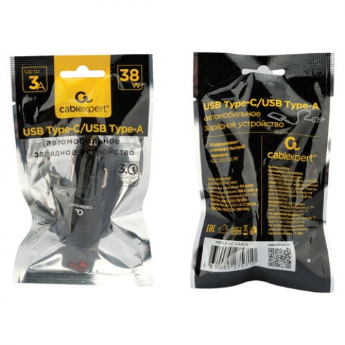 Зарядное устройство автомобильное CABLEXPERT 38Вт, 3А, QC3.0/PD, 1хUSB, 1хType-C, MP3A-UC-CAR24