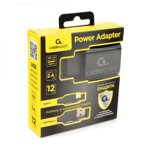 Зарядное устройство CABLEXPERT 12Вт, 2.4А, 2хUSB, кабель Type-C 1м, черный, коробка-блистер, MP3A-PC-37