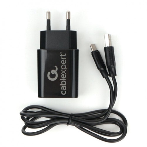 Зарядное устройство CABLEXPERT 12Вт, 2.4А, 2хUSB, кабель Type-C 1м, черный, коробка-блистер, MP3A-PC-37