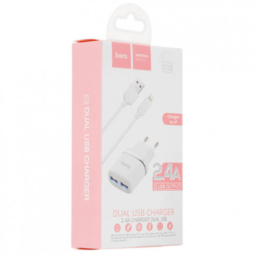 Зарядное устройство сетевое HOCO 12 Вт, 2.4 А, 2 х USB, кабель Type-C, 1 м, белый, УТ000023100