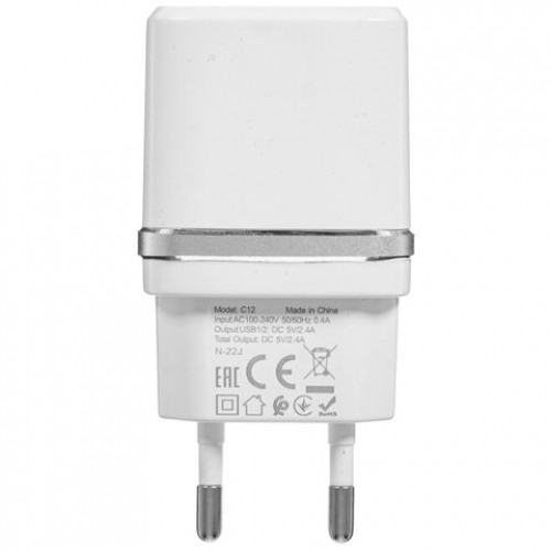 Зарядное устройство сетевое HOCO 12 Вт, 2.4 А, 2 х USB, кабель Type-C, 1 м, белый, УТ000023100