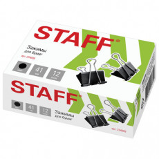 Зажимы для бумаг STAFF EVERYDAY, КОМПЛЕКТ 12 шт., 41 мм, 200 листов, черные, картонная коробка, 224609