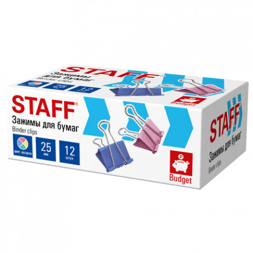 Зажимы для бумаг STAFF ECO, КОМПЛЕКТ 12 шт., 25 мм, на 100 листов, цветные, картонная коробка, 274038