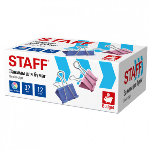 Зажимы для бумаг STAFF ECO, КОМПЛЕКТ 12 шт., 32 мм, на 140 листов, цветные, картонная коробка, 274039