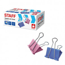 Зажимы для бумаг STAFF ECO, КОМПЛЕКТ 12 шт., 32 мм, на 140 листов, цветные, картонная коробка, 274039