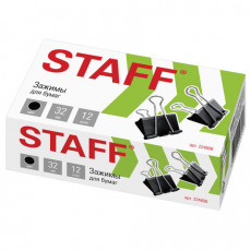 Зажимы для бумаг STAFF EVERYDAY, КОМПЛЕКТ 12 шт., 32 мм, на 140 листов, черные, картонная коробка, 224608