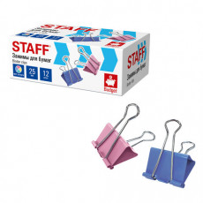 Зажимы для бумаг STAFF ECO, КОМПЛЕКТ 12 шт., 25 мм, на 100 листов, цветные, картонная коробка, 274038