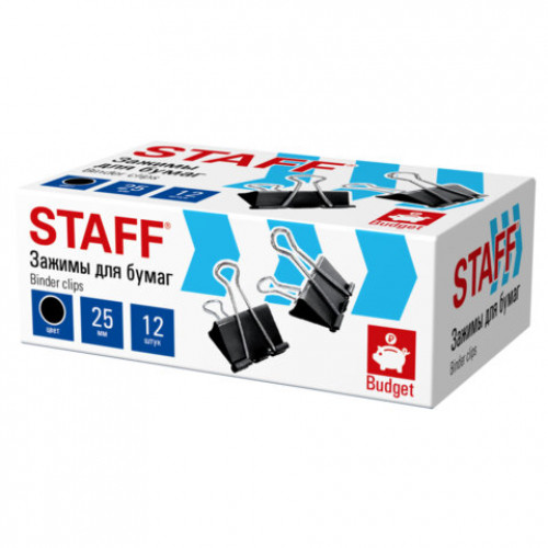 Зажимы для бумаг STAFF ECO, КОМПЛЕКТ 12 шт., 25 мм, на 100 листов, черные, картонная коробка, 274032