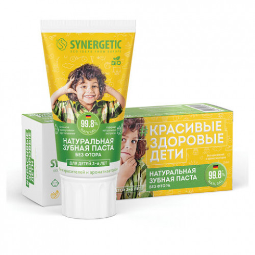 Зубная паста детская 50г SYNERGETIC клубничка и банан, от 3 до 6 лет (желтая), 201009