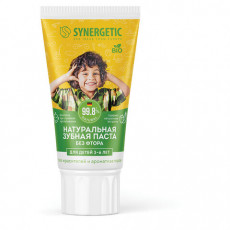 Зубная паста детская 50г SYNERGETIC клубничка и банан, от 3 до 6 лет (желтая), 201009