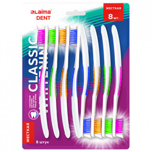 Зубная щетка жесткая, КОМПЛЕКТ 8 шт., LAIMA DENT CLASSIC WHITENING, безопасное отбеливание, 609315