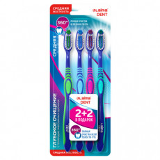 Зубная щетка средней жесткости, с чисткой языка, гибкая, КОМПЛЕКТ 4 шт., LAIMA DENT, 609323