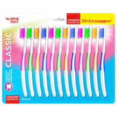 Зубная щетка средней жесткости, КОМПЛЕКТ 12 шт. (10 + 2 в подарок), LAIMA DENT CLASSIC, 609693
