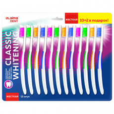 Зубная щетка жесткая, КОМПЛЕКТ 12 шт. (10 + 2 в подарок), LAIMA DENT CLASSIC WHITENING, 609694