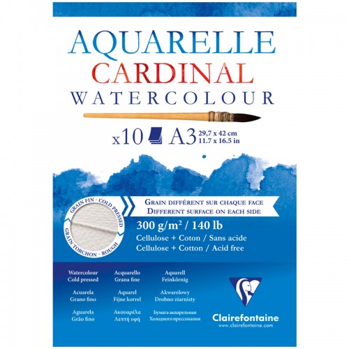 Альбом для акварели, 10л., А3, на склейке Clairefontaine Cardinal, 300г/м2, торшон, холод. пресс., 30% хлопок