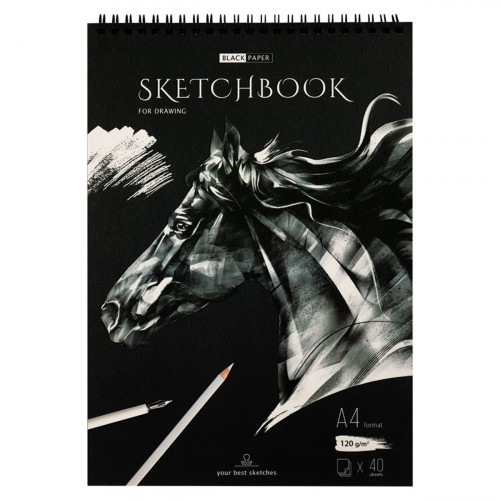 Скетчбук 40л., А4 ArtSpace Black line. Horse, на гребне, черный блок, 120г/м2