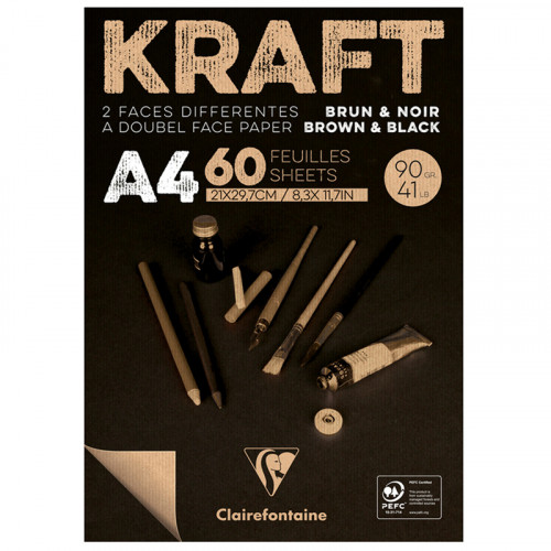 Скетчбук - блокнот 60л., А4 Clairefontaine Kraft, на склейке, верже,черный/крафт, 90г/м2
