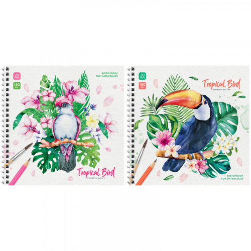 Скетчбук для акварели 20л., 190*190 ArtSpace Tropical Bird, на гребне, 180г/м2