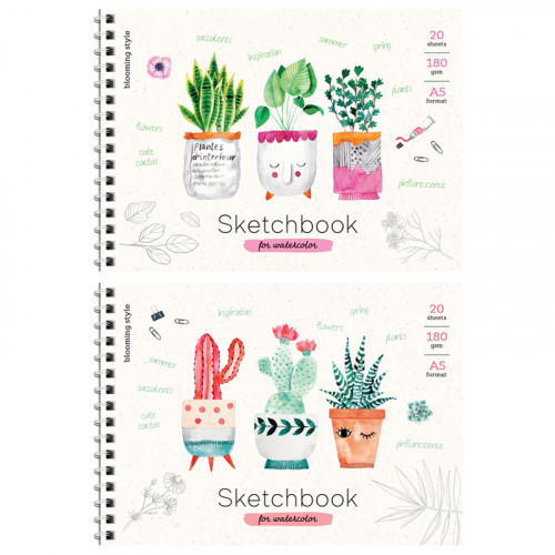 Скетчбук-блокнот для акварели 20л., А5 ArtSpace Cute plants, на гребне, 180г/м2