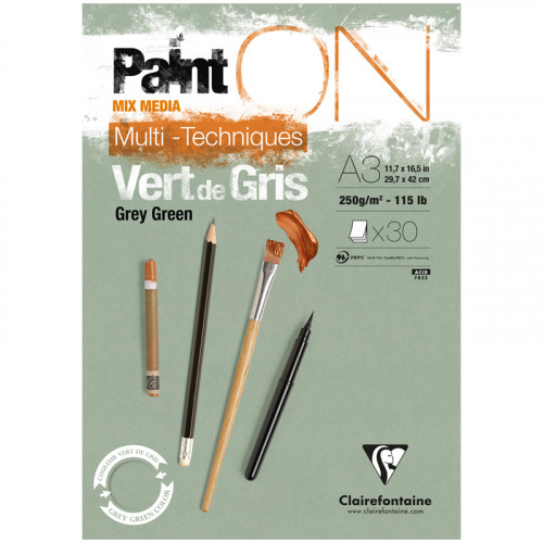 Скетчбук - альбом для смешанных техник 30л., А3, на склейке Clairefontaine Paint'ON Grey Green, серо-зеленый, 250г/м2