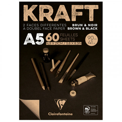 Скетчбук - блокнот 60л., А5 Clairefontaine Kraft, на склейке, верже,черный/крафт, 90г/м2