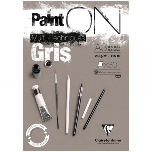 Скетчбук - альбом для смешанных техник 30л., А3, на склейке Clairefontaine Paint'ON Grey, серый, 250г/м2