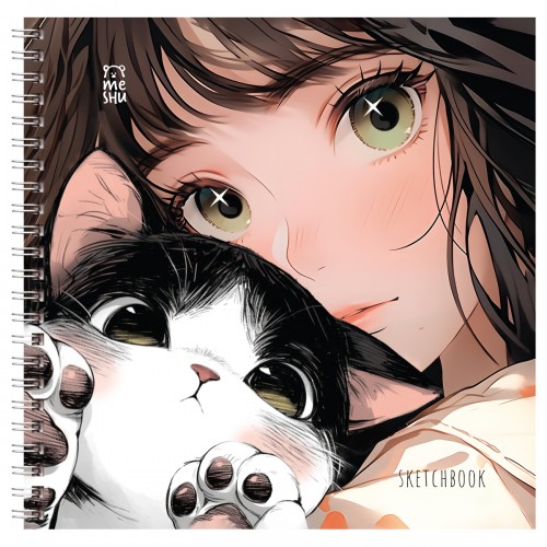 Скетчбук 60л., 150*150 MESHU Сat girl, на гребне, soft-touch, 120г/м2