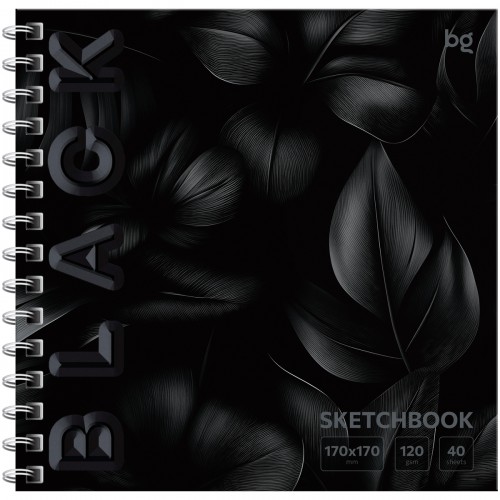 Скетчбук 40л., 170*170 BG Black. Leaves, на гребне, soft tuch, выборочный лак, 120г/м2