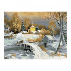 Алмазная мозаика ТРИ СОВЫ Зима в деревне, 40*50см, холст на деревянном подрамнике, картонная коробка с пластиковой ручкой