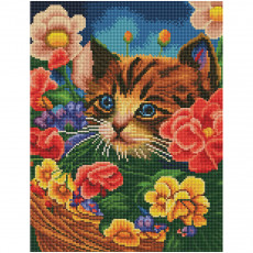 Алмазная мозаика ТРИ СОВЫ Котенок в цветочной корзине, 30*40см, холст на деревянном подрамнике, картонная коробка с пластиковой ручкой