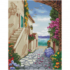 Алмазная мозаика ТРИ СОВЫ Улочка к морю, 30*40см, холст на деревянном подрамнике, картонная коробка с пластиковой ручкой