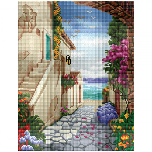 Алмазная мозаика ТРИ СОВЫ Улочка к морю, 30*40см, холст на деревянном подрамнике, картонная коробка с пластиковой ручкой