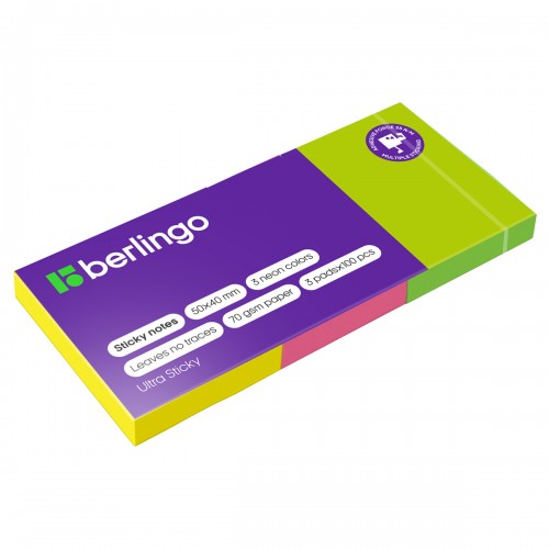 Самоклеящийся блок Berlingo Ultra Sticky, 50*40мм, 3 блока по 100л., 3 неоновых цвета