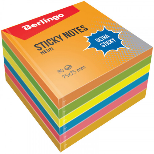 Самоклеящийся блок Berlingo Ultra Sticky, 75*75мм, 6*80л., 6 неоновых цветов