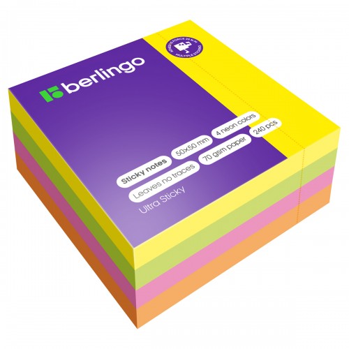 Самоклеящийся блок Berlingo Ultra Sticky, 50*50мм, 240л., 4 неоновых цвета