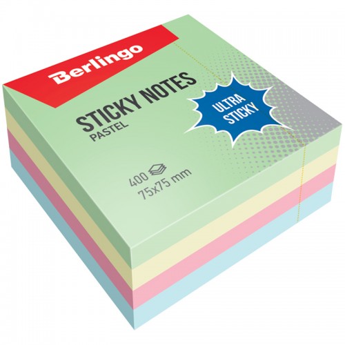 Самоклеящийся блок Berlingo Ultra Sticky, 75*75мм, 400л., 4 пастельных цвета