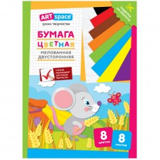 Цветная бумага мелованная А4, ArtSpace, двустор., 8л., 8цв., Мышка