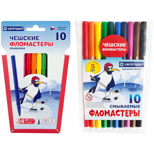 Фломастеры Centropen Пингвины, 10цв., смываемые, картон. упак. с европодвесом/ПВХ
