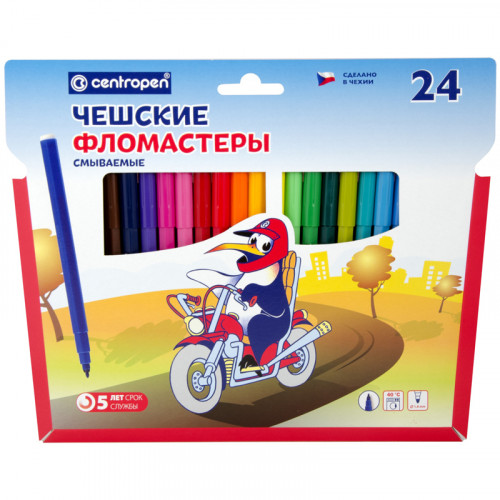 Фломастеры Centropen Пингвины, 24цв., смываемые, картон, европодвес