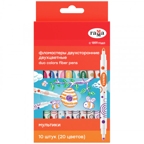 Фломастеры двухсторонние Гамма Мультики, 20цв., 10шт., двухцвет., смываемые, картон. упаковка, европодвес