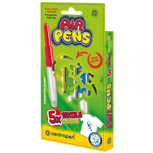 Фломастеры воздушные Centropen AirPens Textile, 05цв.+1 трафарет, картон. упаковка, европодвес