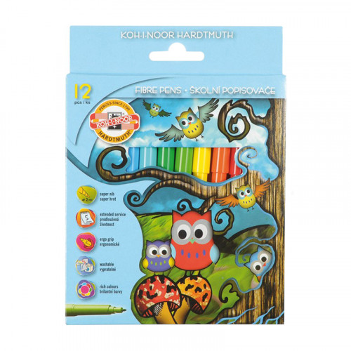 Фломастеры Koh-I-Noor Owls, 12цв., трехгранные, смываемые, картон, европодвес