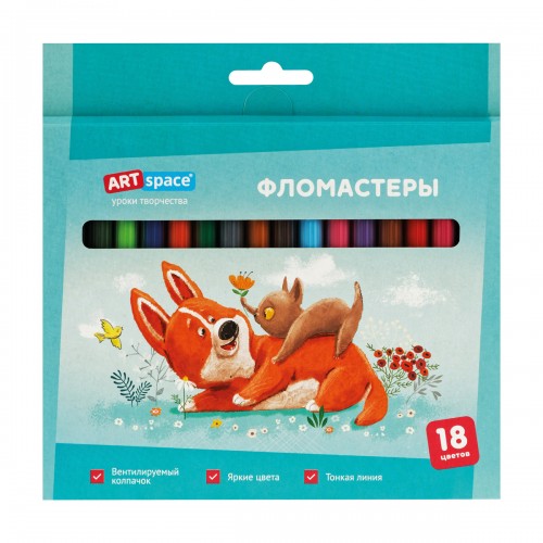 Фломастеры ArtSpace Рисунки. Lovely animals, 18цв., смываемые, картон, европодвес