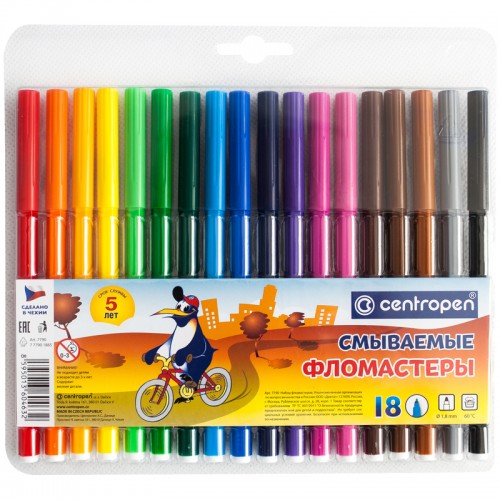 Фломастеры Centropen Washable, 18цв., смываемые, блистер