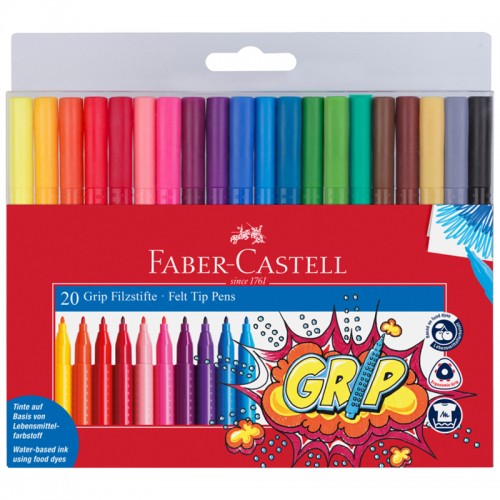 Фломастеры Faber-Castell Grip, 20цв., трехгранные, смываемые, пластик. уп., европодвес