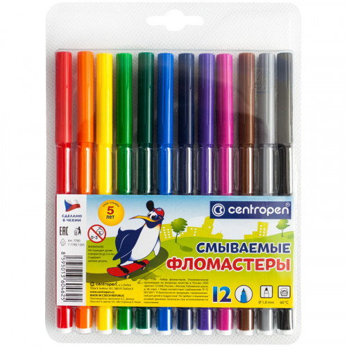 Фломастеры Centropen Washable, 12цв., смываемые, блистер