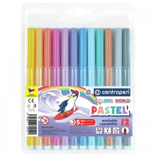 Фломастеры Centropen Colour World. Pastel, 12цв., 2мм, смываемые, блистер