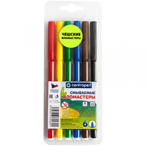 Фломастеры Centropen Washable, 06цв., смываемые, блистер
