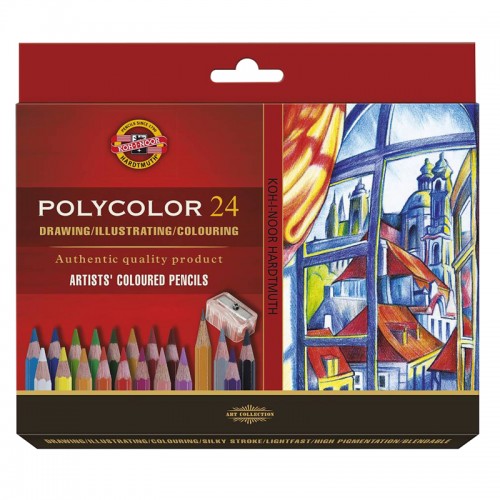 Карандаши цветные художественные Koh-I-Noor Polycolor 3834, 24цв., заточен.+ точилка+2 ч/гр. кар. 1500, картон, европодвес