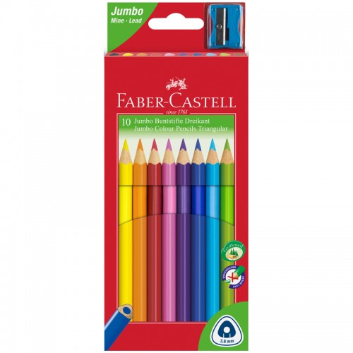 Карандаши цветные Faber-Castell Jumbo 10цв., трехгран., заточен., картон, европодвес, с точилкой